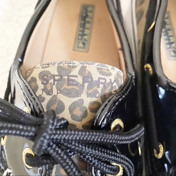 Sperry Leopard Biscayne Patent Leather Top Sider Boat Shoe Tan Black 10 - Picture 5 of 13